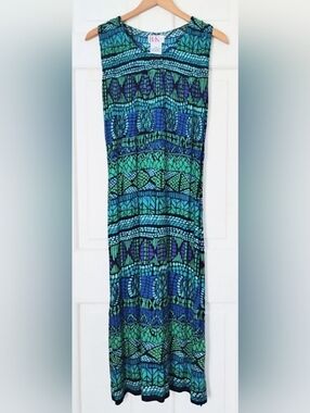 R&K Dress, Size Large, Batik Print, Blue Green, Boho, Wood Buttons